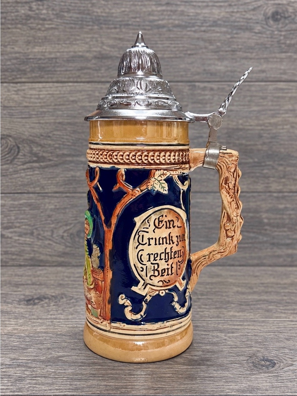 Vintage German Beer Stein Pewter Lid Cobalt Blue Relief Stoneware Lidded Mug 8.5